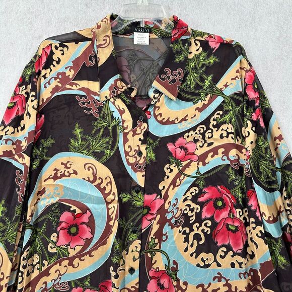 Vikki Vi Blouse Silk Velvet Burnout Blend Floral Semi Sheer Button‎ Up Top - Picture 3 of 9